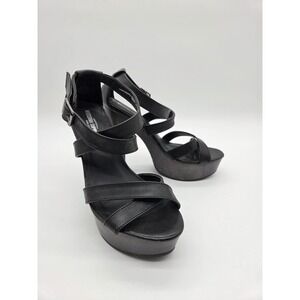 Mossimo Supply‎ Co Black Strappy Platform Sandals Chunky Wood Heel Ankle Strap 7